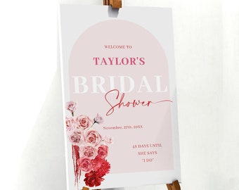 Red and pink welcome sign template, hot pink flowers bridal shower welcome sign, ombre red pink floral bridal shower poster fuchsia #171