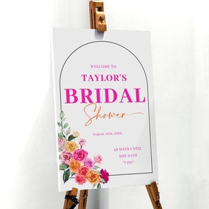 Pink orange bridal shower welcome sign template, hot pink floral bridal shower poster, bold vibrant blush fuchsia magenta yellow summer #202