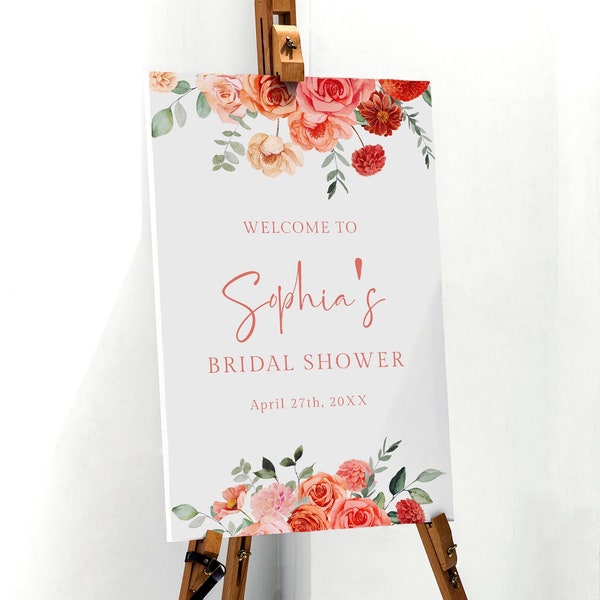 Coral welcome sign template, vibrant orange peach floral bridal shower welcome sign, salmon pink bridal shower sign, red blush greenery #123