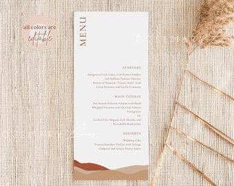 Modern desert wedding menu template, abstract landscape terracotta menu cards, earth tones menu template, boho mountain wedding menu #097