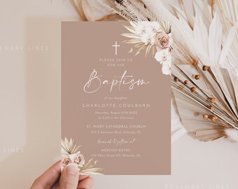 Dusty rose baptism invitation template, pale blush girl baptism invites, fall boho christening, religious cross dried palm floral mauve #160