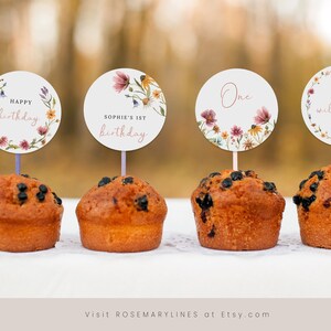 Wildflower cupcake toppers template, bright floral editable birthday cupcake topper, spring wildflowers cupcake tags, meadow flower #162