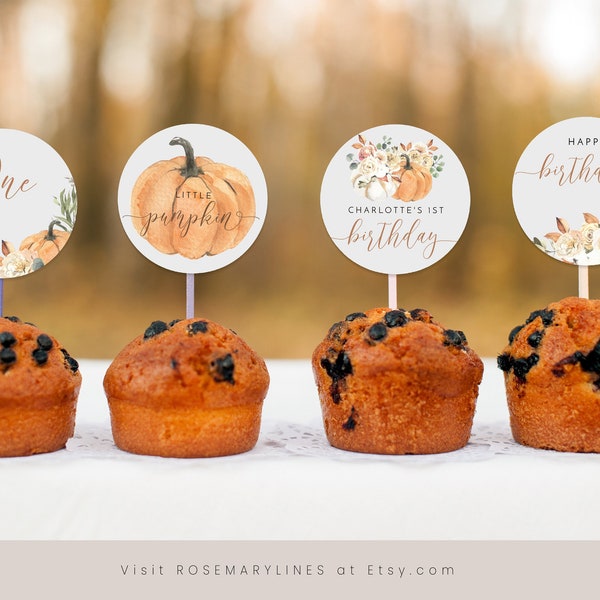 Pumpkin cupcake toppers template, boho fall birthday cupcake topper, autumn leaves rustic birthday cupcake tags, earthy autumn floral #120