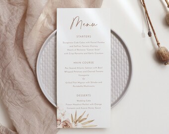 Dusty blush wedding menu template, dried palm boho menu cards, dusty rose bridal shower menu, printable menu, boho floral earth tone #160