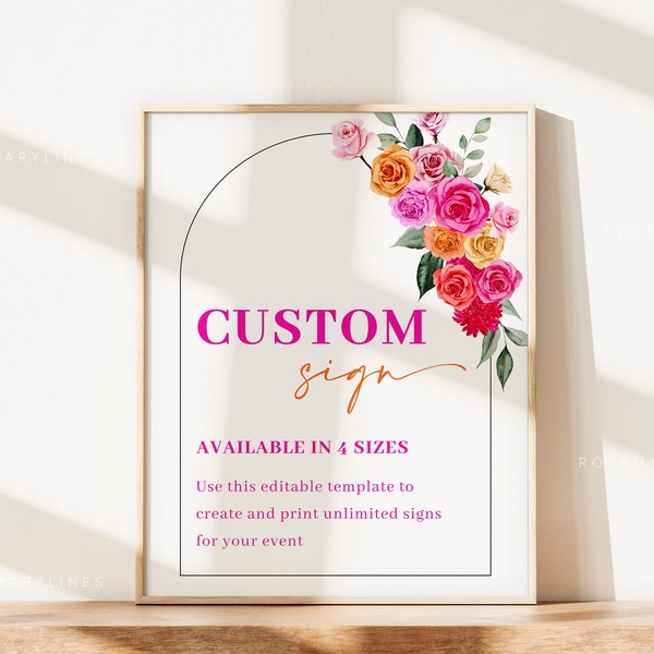 Pink orange custom sign template, hot pink floral wedding signs, bold vibrant blush fuchsia magenta yellow summer bridal shower signs #202