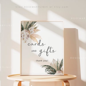 Tropical leaf cards and gifts sign printable, pampas grass wedding gifts sign, palm leaf bridal shower gifts sign template, rose orchid #108