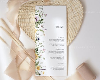 Elegant floral wedding menu, wildflower wedding menu template, rustic summer meadow greenery blush yellow floral printable menu cards #194