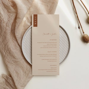 Desert wedding menu template, minimalist wedding menu cards, editable earthy boho printable menu, neutral tone cream beige terracotta #134