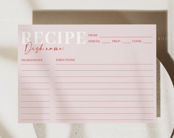 Red and pink recipe cards, hot pink recipe card template, red pink blush bridal shower recipe card, bold minimal modern fuchsia #171