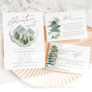 Mountain baby shower invitation template, adventure awaits, winter baby shower invitation set, pine trees woodland baby shower invites #105