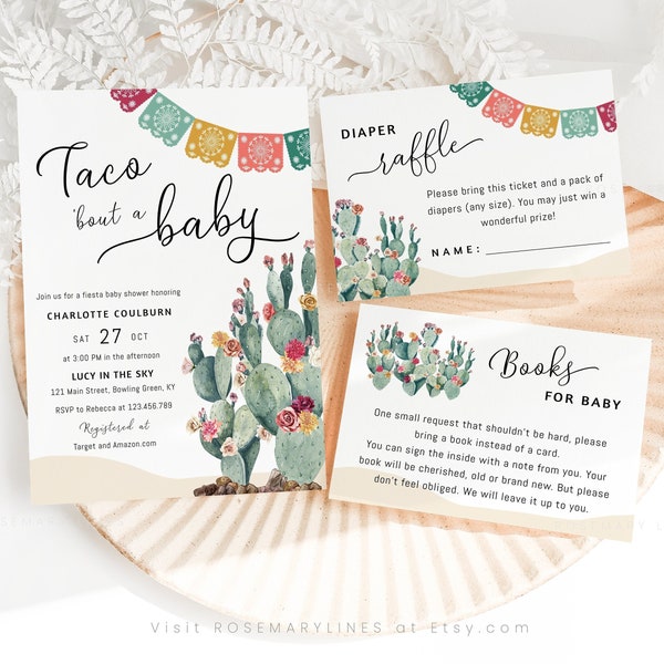 Taco bout a baby shower invitation set template, cactus fiesta baby shower invites Mexican cinco de mayo desert vibrant colorful floral #144