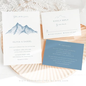 Mountain wedding invitation template, dusty blue wedding invitation set, blue mountain wedding suite, winter sketch hand drawn minimal #220
