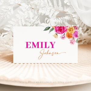Pink orange place card template, hot pink floral wedding name cards, bold vibrant blush fuchsia place cards, magenta yellow summer #202