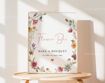 Wildflower flower bar sign template, bright floral wedding signs, make a bouquet sign, summer spring wildflowers wedding favor sign #162