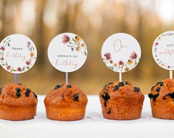 Wildflower cupcake toppers template, bright floral editable birthday cupcake topper, spring wildflowers cupcake tags, meadow flower #162