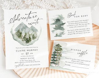 Mountain baby shower invitation set template: adventure awaits, pine trees woodland (editable digital file) #105