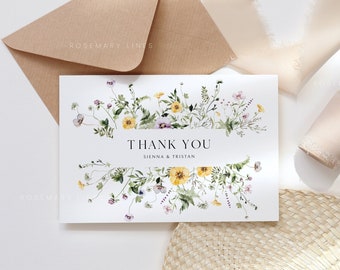 Wildflower thank you card template, elegant rustic floral wedding thank you card, boho greenery lavender purple yellow floral invites #194