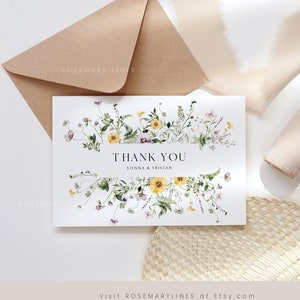 Wildflower thank you card template, elegant rustic floral wedding thank you card, boho greenery lavender purple yellow floral invites #194