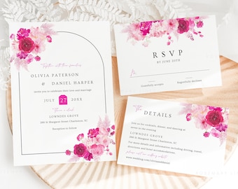 Hot pink wedding invitation set template, pink and blush floral wedding suite, blush pink fuchsia magenta summer wedding invitations #212