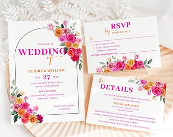 May include: Wedding invitation with floral design. The invitation features a pink and orange floral illustration with the text "Join us for the wedding of Claire & William" and details about the wedding date, time, and location. The invitation also includes a RSVP card with a floral design.