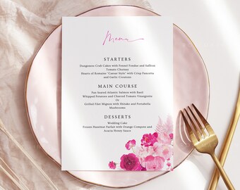 Modern hot pink wedding menu template, red and pink floral wedding menu cards, blush pink fuchsia magenta summer bridal shower menu #212