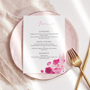 Modern hot pink wedding menu template, red and pink floral wedding menu cards, blush pink fuchsia magenta summer bridal shower menu #212