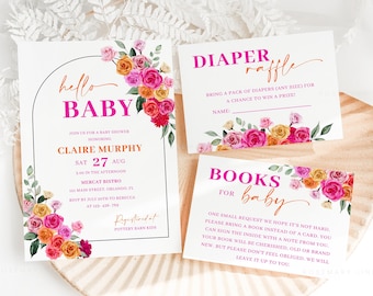 Pink orange baby shower invitation set template, hot pink floral baby shower invites, bold vibrant blush fuchsia magenta yellow summer #202