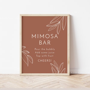Terracotta mimosa bar sign template, minimal leaves boho rust wedding bar sign, bridal shower bar menu sign, burnt orange bar signage #111