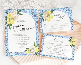 Italian blue tiles lemon wedding invitation set template, Positano citrus floral wedding invitation, Mediterranean wedding suite mosaic #118