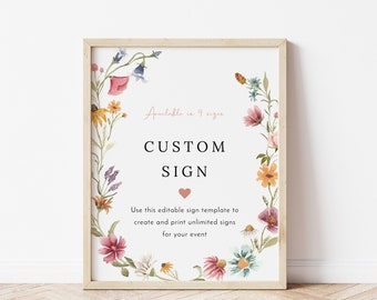 Wildflower custom sign template, bright floral wedding signs, spring wildflowers custom sign printable, herbarium boho meadow greenery #162