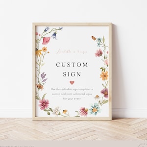 Wildflower custom sign template, bright floral wedding signs, spring wildflowers custom sign printable, herbarium boho meadow greenery #162