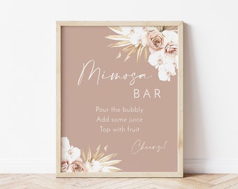 Dusty rose mimosa bar sign template, dried palm boho wedding signs, blush wedding bar sign, blush pink floral bar menu sign, neutral #160