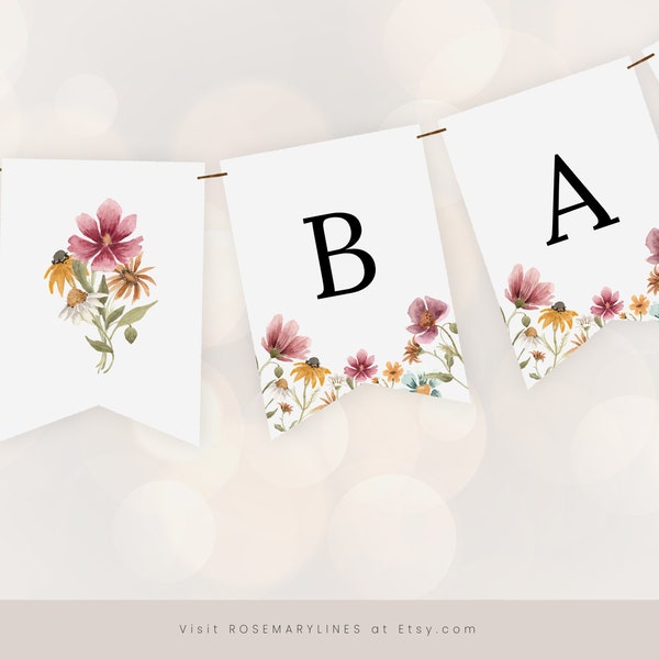 Wildflower baby shower banner, banner template, bright floral bridal shower banner, DIY banner, custom banner, wildflowers flower field #162