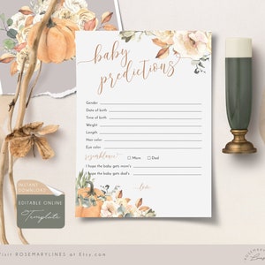 Fall baby predictions cards, baby shower games, baby predictions pumpkin, guess baby birth stats, printable gender reveal game #120-97a