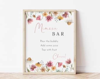 Wildflower mimosa bar sign printable, bright colorful floral wedding bar sign template, summer bar menu sign, wildflowers wedding signs #162