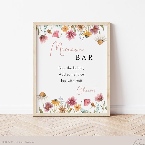 Wildflower mimosa bar sign printable, bright colorful floral wedding bar sign template, summer bar menu sign, wildflowers wedding signs #162