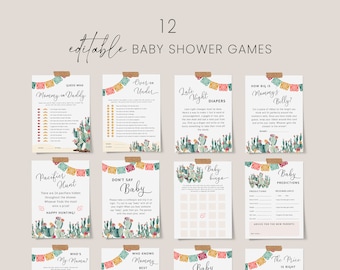 May include: Twelve printable baby shower game cards featuring a cactus and floral design. The games include "Guess Who Mommy or Daddy", "Over or Under", "Late Night Diapers", "How Big is Mommy's Belly", "Pacifier Hunt", "Don't Say Baby", "Baby Bingo", "Baby Predictions", "Who's My Mama", "Who Knows Mommy Best", "Baby Bucket List", and "The Price is Right".