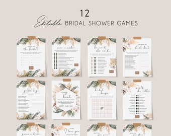 Tropical leaves bridal shower games bundle template, boho bridal party games, dried palm leaf greenery orchid editable bridal games #108