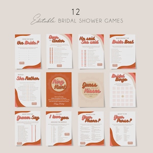 Modern retro bridal shower games printable, 70&#39;s boho bridal shower games bundle template, sunburst groovy 1970s pink peach orange #147-84