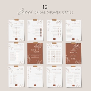 Terracotta boho bridal shower games bundle, minimal leaves bridal shower games template, rust burnt orange earthy fall bridal games set #111