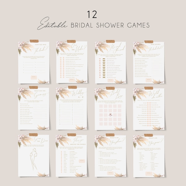 Pampas grass editable bridal shower games bundle template, printable boho bridal party games, tropical bohemian bridal games #091-84