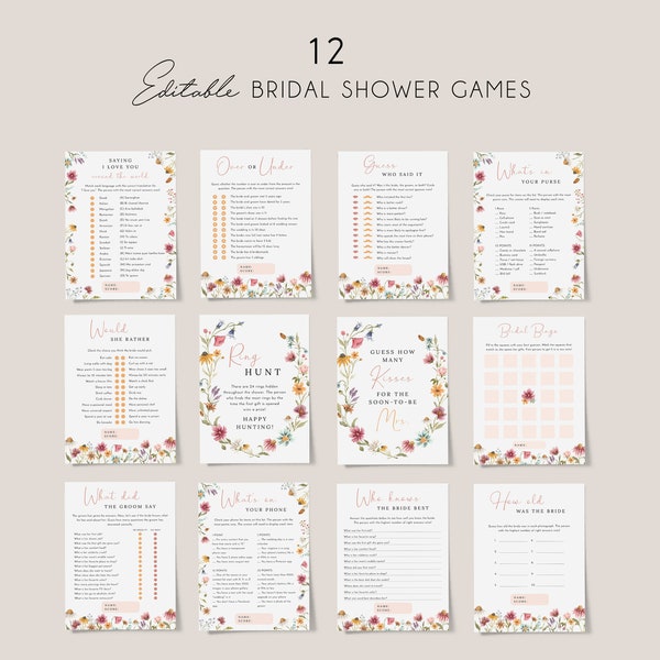 Wildflower bridal shower games template, bright floral bridal shower games bundle, spring wildflowers games set, meadow, flower field #162