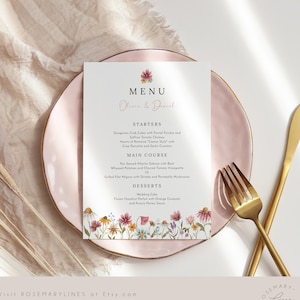 Wildflower wedding menu template, bright floral menu cards, spring wildflowers bridal shower menu, herbarium meadow flower field #162