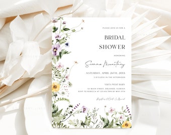 Elegant wildflowers bridal shower invitation template, wildflower bridal shower invites, summer meadow blush yellow dainty flowers #194