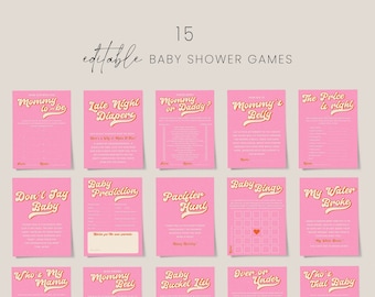 Retro baby shower games bundle, pink orange baby shower games template, disco 70's groovy baby shower games set, bright pink terracotta #192