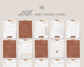 Terracotta boho baby shower games bundle, minimal leaves baby shower games template rust burnt orange earthy fall baby shower games set #111