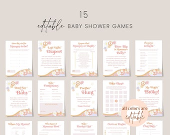 Retro groovy baby shower games bundle template, peace love baby shower games set, bright floral daisy orange pink boho 60's 70's hippie #179