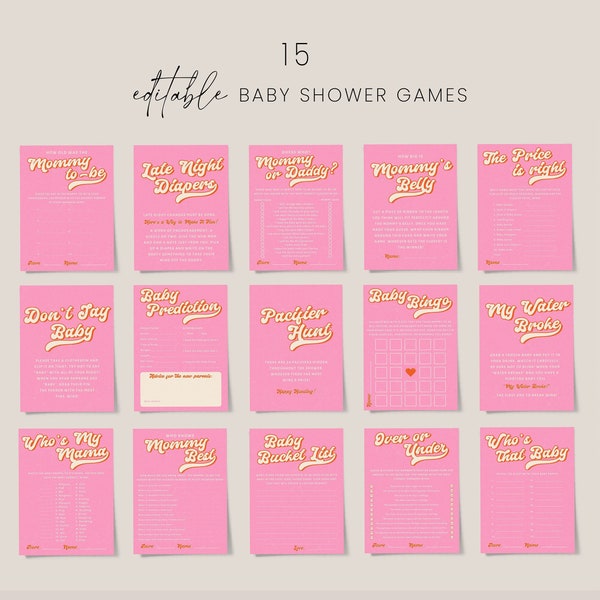 Retro baby shower games bundle, pink orange baby shower games template, disco 70's groovy baby shower games set, bright pink terracotta #192