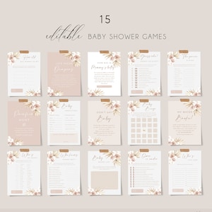 Dusty rose baby shower games bundle template, pale blush pink boho baby shower games set, dried palm rose orchids neutral mauve beige #160
