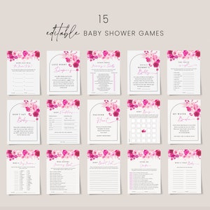 Hot pink baby shower games template, red and pink floral baby shower games bundle, blush pink fuchsia magenta summer baby shower #212